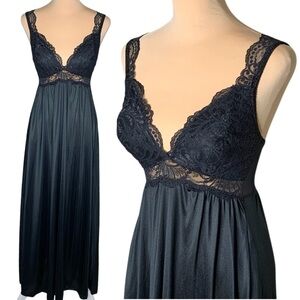 Vintage 80s Scaasi Black Babydoll Lace Panel Slip Dress M 36 Bust Fairy Grunge